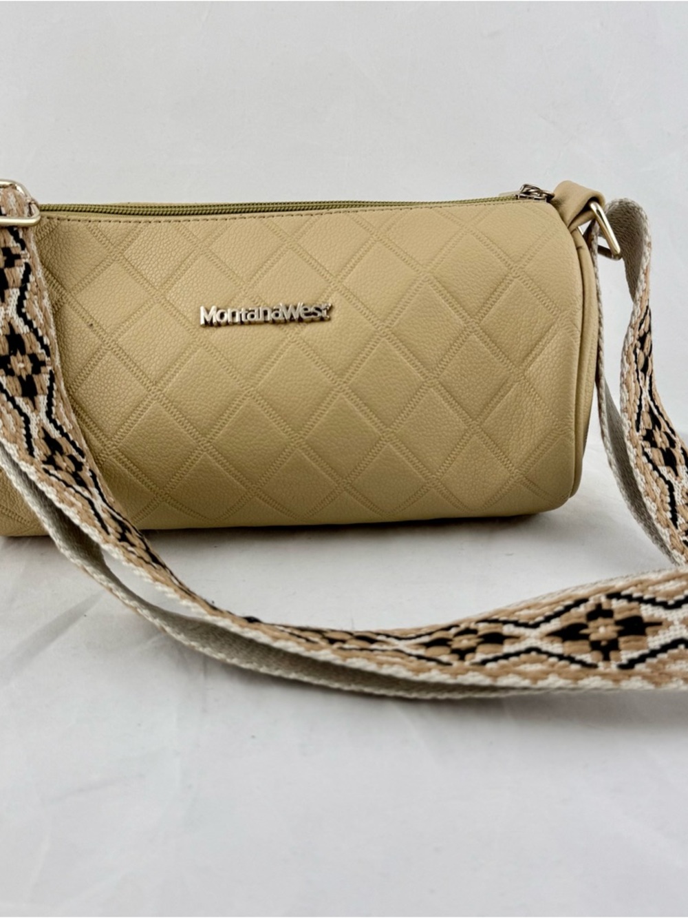 Montana West Tan Quilted Barrel Crossbody Bag Purse with Adjustable Guitar Strap